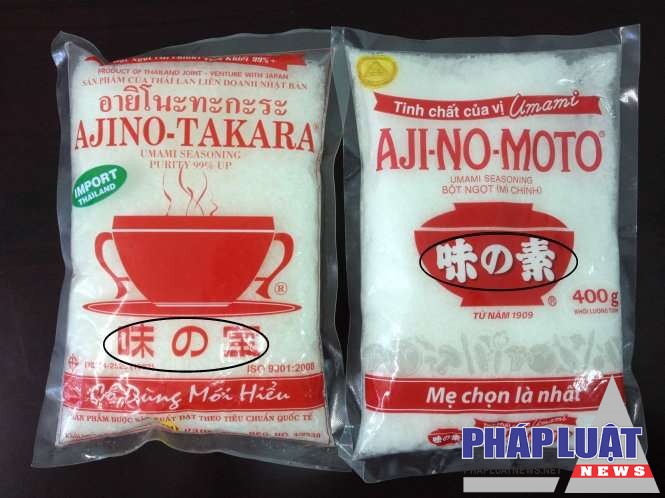 Hai mẫu nhãn hiệu của bột ngọt Ajinomoto và Ajino - Takara - Ảnh: Hữu Khá