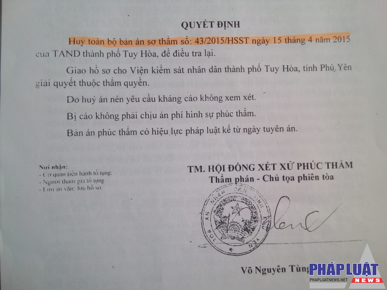 Bản án sơ thẩm xét xử lần 1 đã bị TAND tỉnh tuyên hủy toàn bộ  vì có nhiều thiếu sót không thể khắc phục được ở cấp phúc thẩm