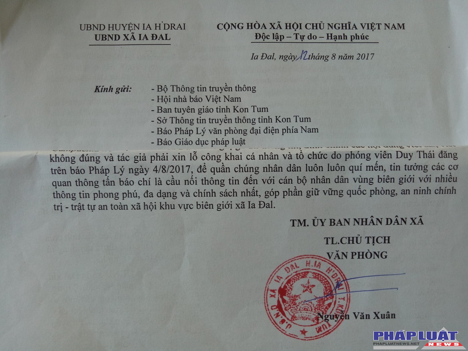   Văn bản không số của UBND xã Ia Dal ban hành trái quy định pháp luật đã bị Chủ tịch UBND huyện H’Drai chỉ đạo thu hồi