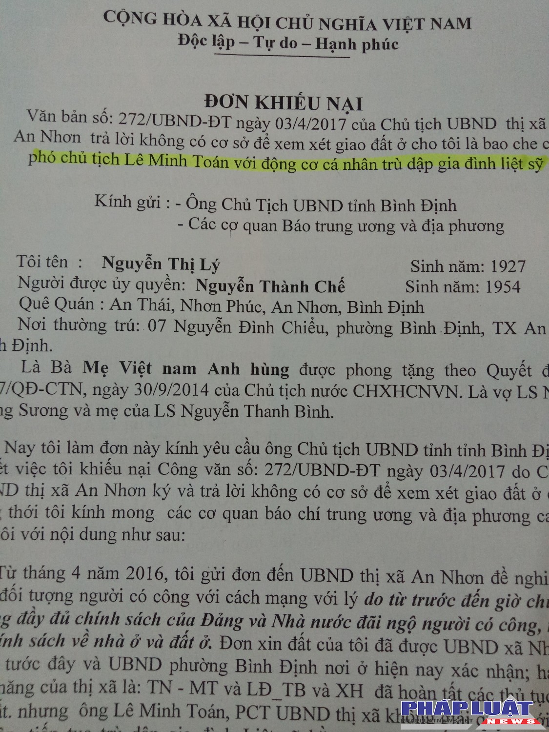 Đơn khiếu nại của mẹ Nguyễn Thị Lý