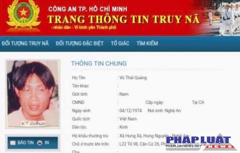 Thông tin truy nã bị can Vũ Thái Quảng trên Cổng thông tin điện tử Công an TP.HCM - Ảnh: TRÀ PHƯƠNG chụp lại