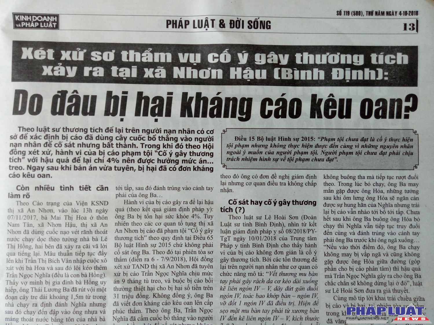 Xét xử sơ thẩm vụ cố ý gây thương tích  xảy ra tại xã Nhơn Hậu (Bình Định): Do đâu bị hại kháng cáo kêu oan ?