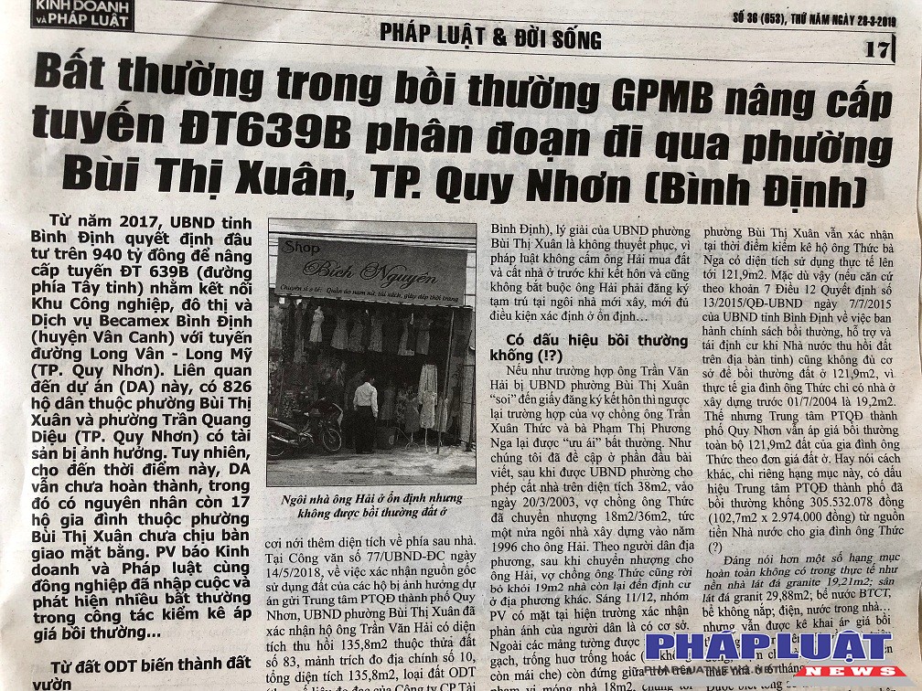 Bất thường trong bồi thường GPMB nâng cấp tuyến ĐT639B phân đoạn đi qua phường Bùi Thị Xuân, TP. Quy Nhơn (Bình Định)